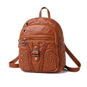 Brown Vegan Leather Mini Backpack with Pockets and Zippers